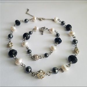 Black Swarovski Elements Genuine Pearl & Hematite Choker Necklace & Bracelet NEW